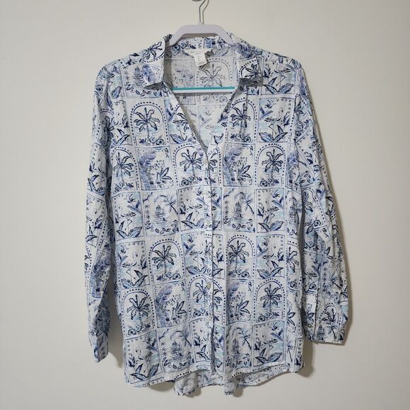 C&C California Womens Linen Shirt Roll-Tab Sleeve White Blue Tropical Size L - Picture 2 of 8